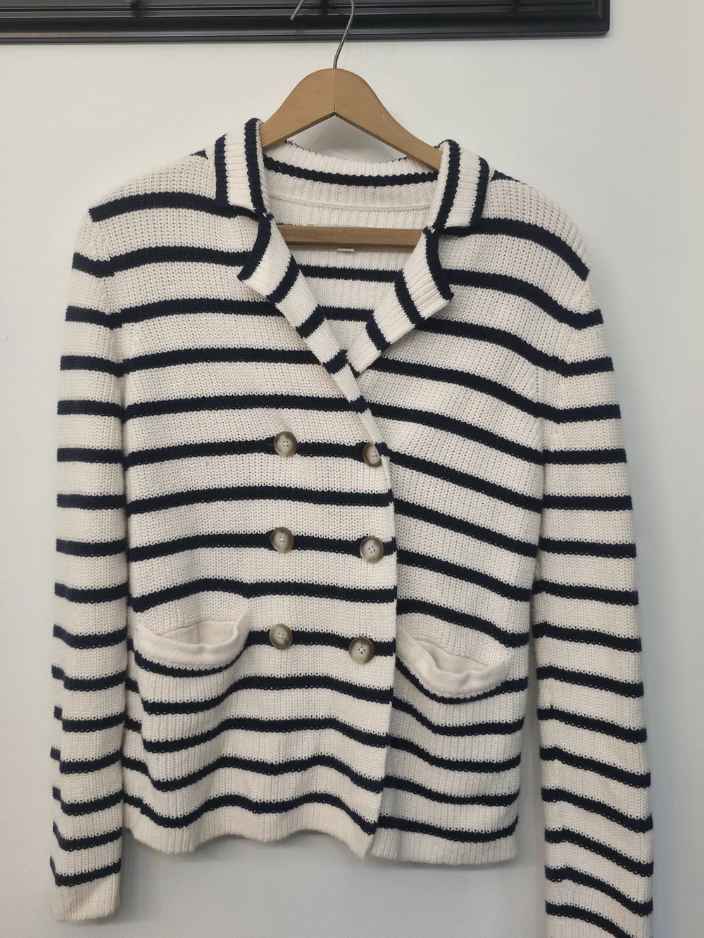 LOFT Navy & Cream Striped Double-Breasted Knit Cardigan